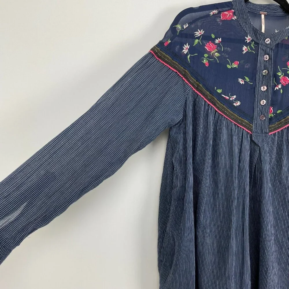 Free People Womens‎ Small Oversized Floral Top Blouse Pockets Boho Shirt